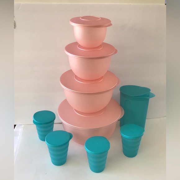 Tupperware Impressions Classic  Bowl  (4) & Jug (4) Tumbler Pink & Turquoise - Picture 2 of 8